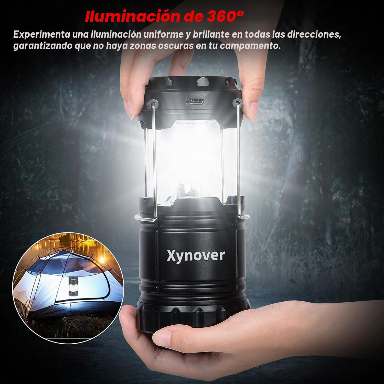 Xynover Paquete de 4 linternas solares para camping, LED recargables con batería USB/solar/AA, base magnética, gancho para colgar, plegable, impermeable para emergencias, senderismo, huracán