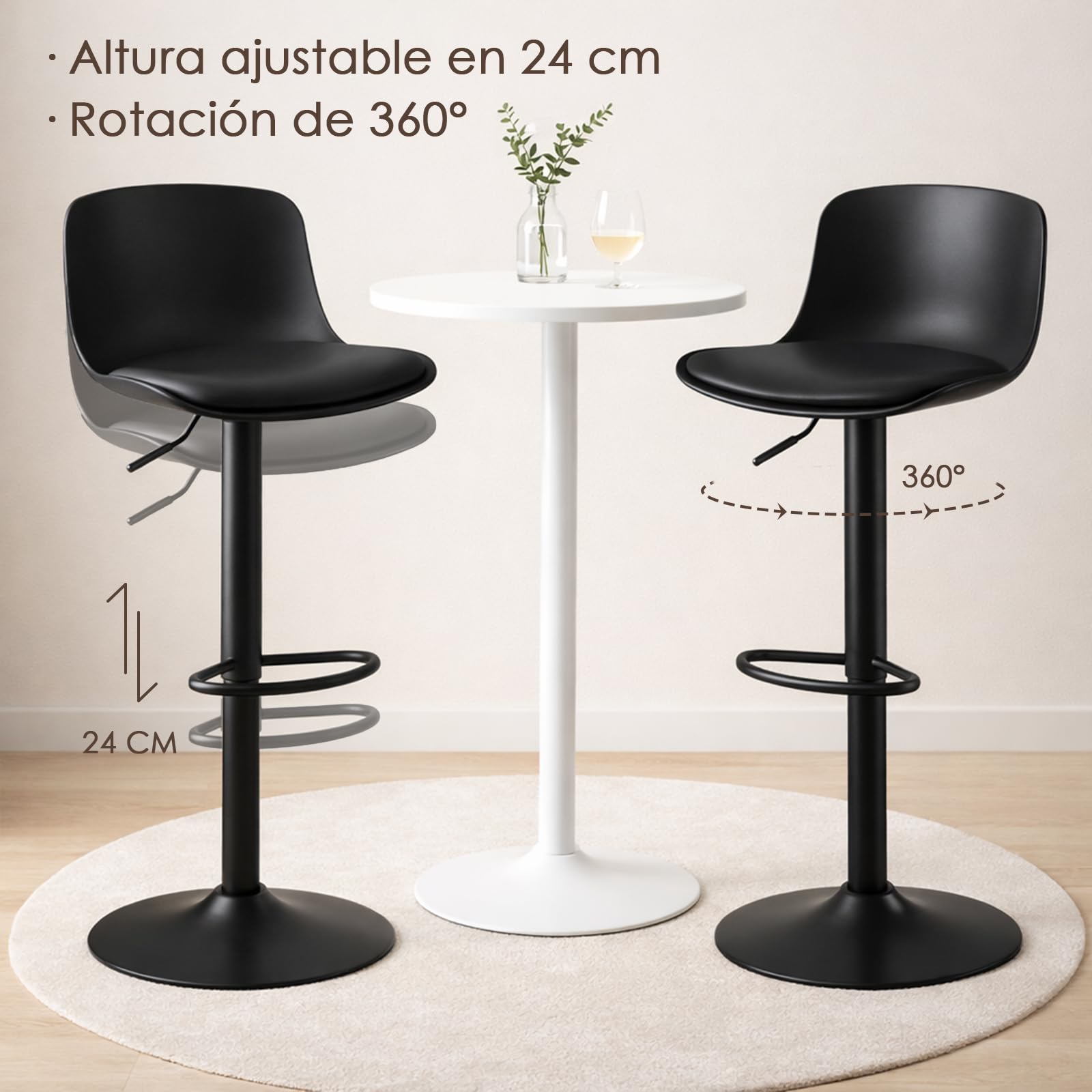 Kidol & Shellder Juego de 2 taburetes de Bar con Respaldo de Altura Ajustable, Color Negro, sillas de Bar giratorias, taburetes de Cocina para Cocina y mostrador