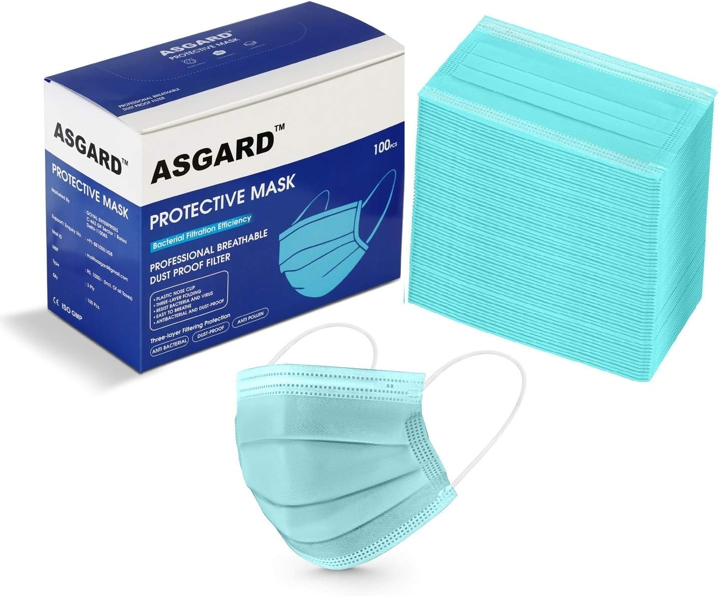 ASGARD Nonwoven Fabric Disposable Multilayer Protective Mask (Blue, Pack of 100) for Unisex