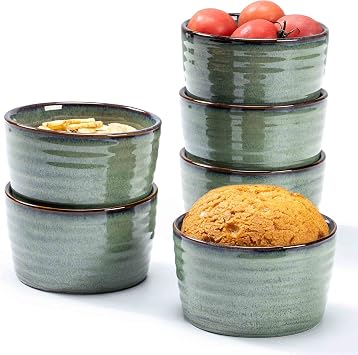 Henten Home Ceramic 8 oz Ramekins Set, Porcelain Souffle Ramekins Set of 6, Creme Brulee Ramekins for Baking, Ice Cream, Pudding, Oven & Microwave Safe Small Bowls, Stackable Green