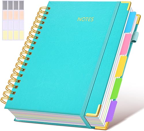 Miniatura 20 de Cuaderno universitario de espiral con tapa dura de cuero de 8 x 10 pulgadas, con pestañas separadoras extraíbles, para 5 materias, a rayas; diario