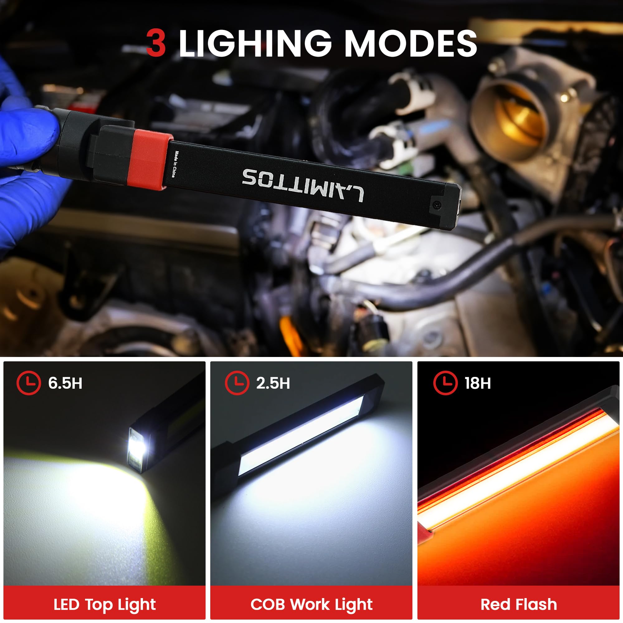 2 luci da lavoro ricaricabili – 2500 mAh pieghevole magnetica a LED da lavoro torcia esterna con 3 modalità di illuminazione luce meccanica per riparazione auto/emergenza