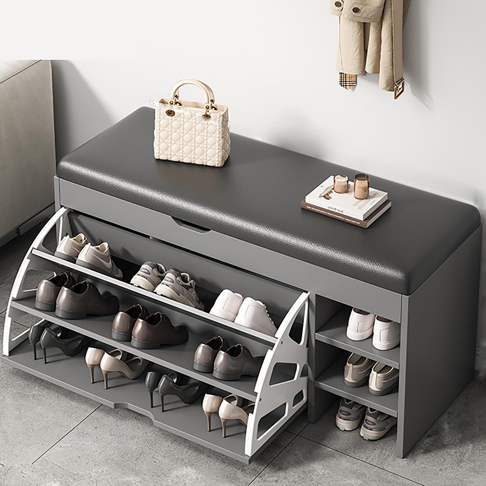 Étagère à chaussures autoportante 80 cm avec meuble à chaussures gris clair et rangements