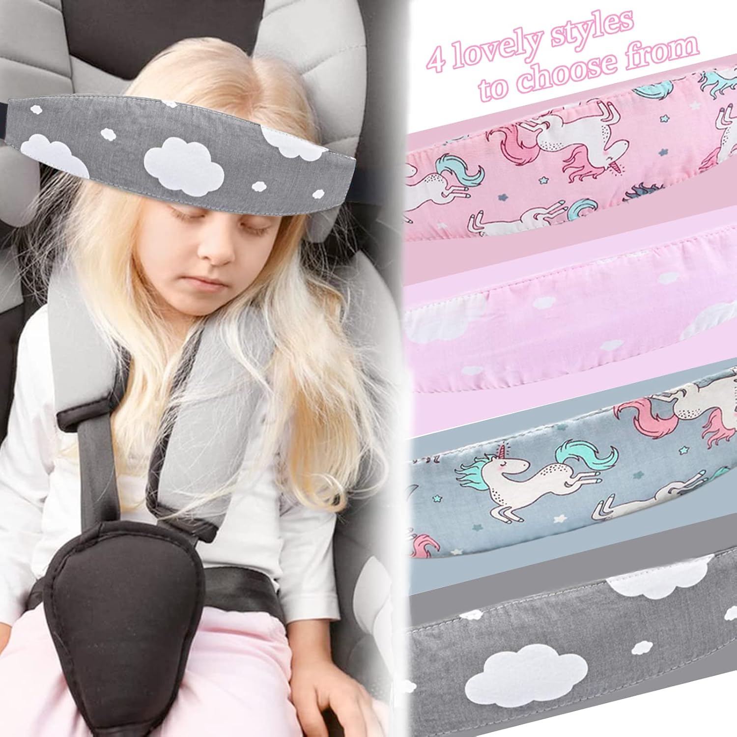 4 Pieces Baby Head Support for Car,ZWZCYZ Cute Pattern Car Seat Head Holder for Toddler Stroller Seat Sleeping Headrest Band with Adjustable Buckle Universal Kids Car Accessories (Pink+Grey)