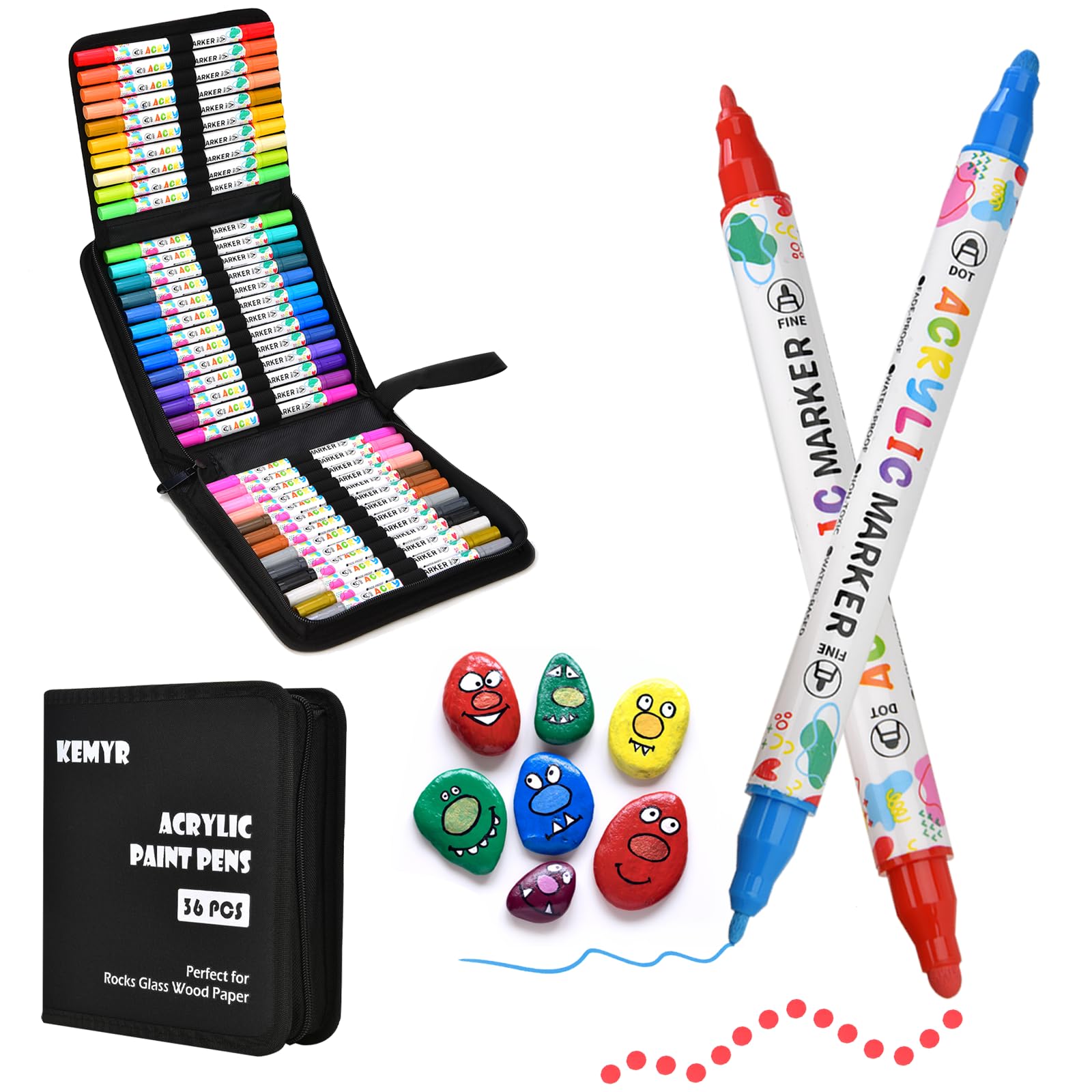 KEMYR 36 Farben Acrylstifte Set mit Doppelspitze, Acrylmarker Wasserfeste für Steine, Holz, Glas & Papier,Acrylic Paint Marker Set für Erwachsene zum Zeichnen,Acrylic Paint Pen für DIY-Bastelprojekte