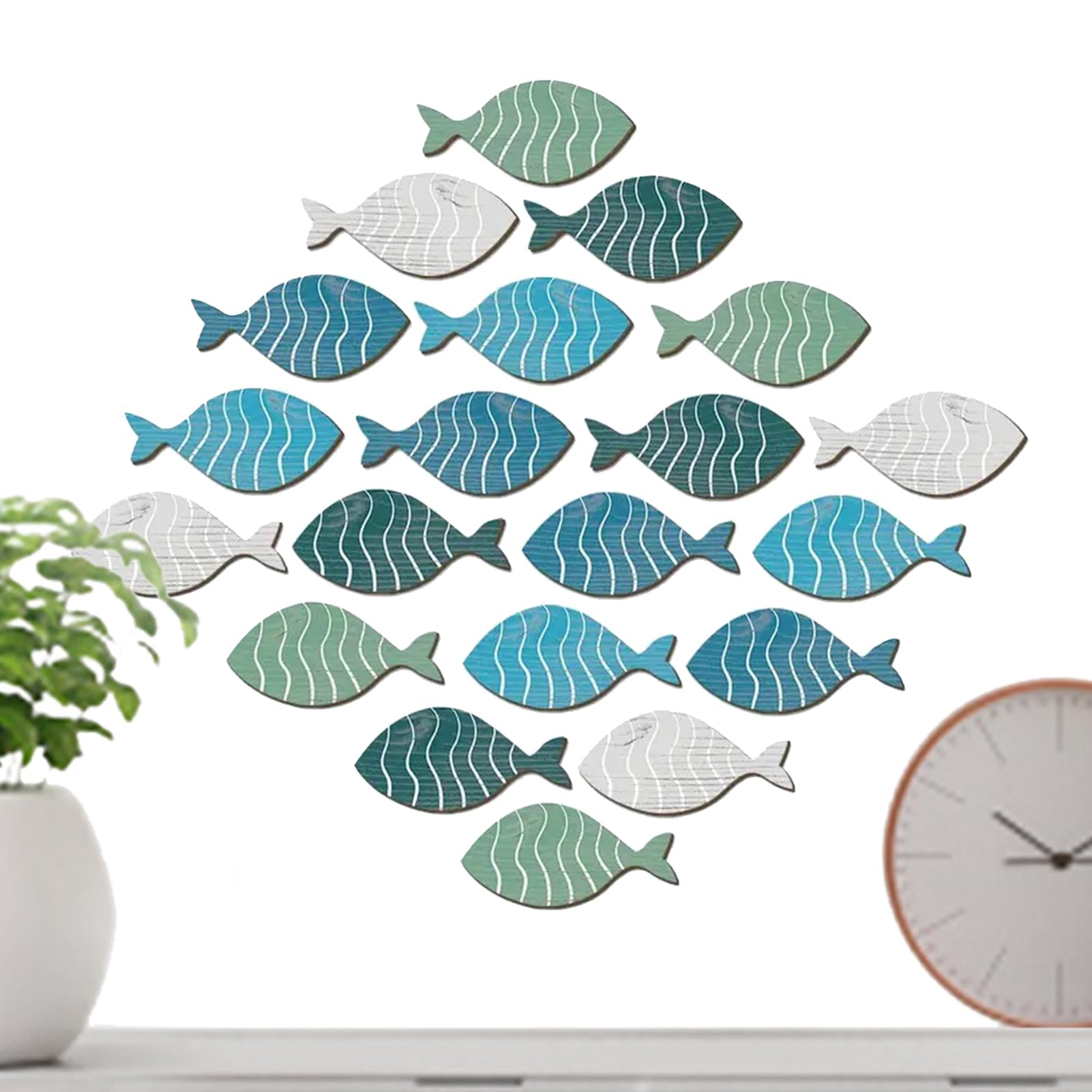 20pcs Wooden Fish Sculpture Wall Decor, Home Coastal Decor Beach Oceanic Theme Fish Ornament For Bathroom Living Room Bedroom Wall Decoration