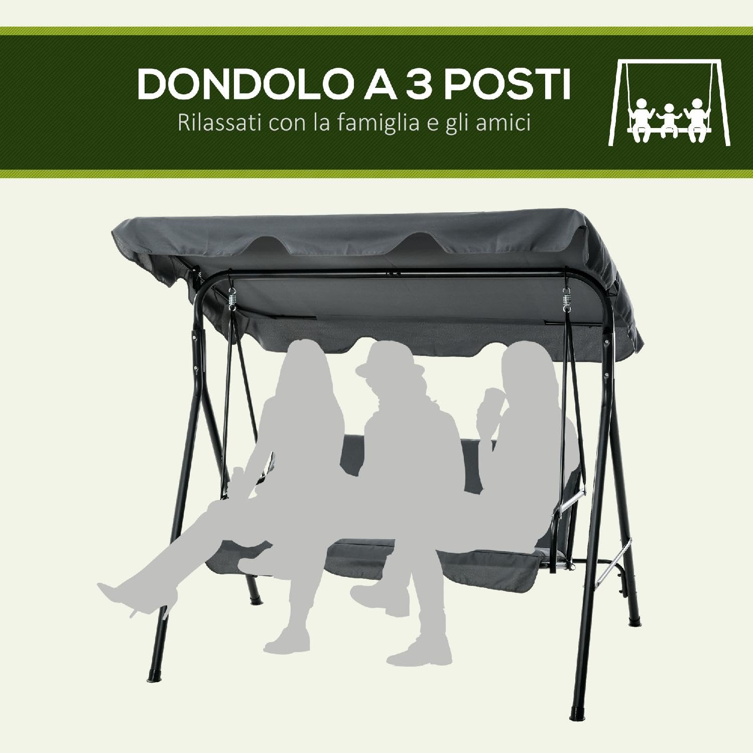 Dondolo da Giardino 3 Posti con Tettuccio Parasole in Acciaio/Poliestere Dimensioni 172x110x153 cm Colore Grigio