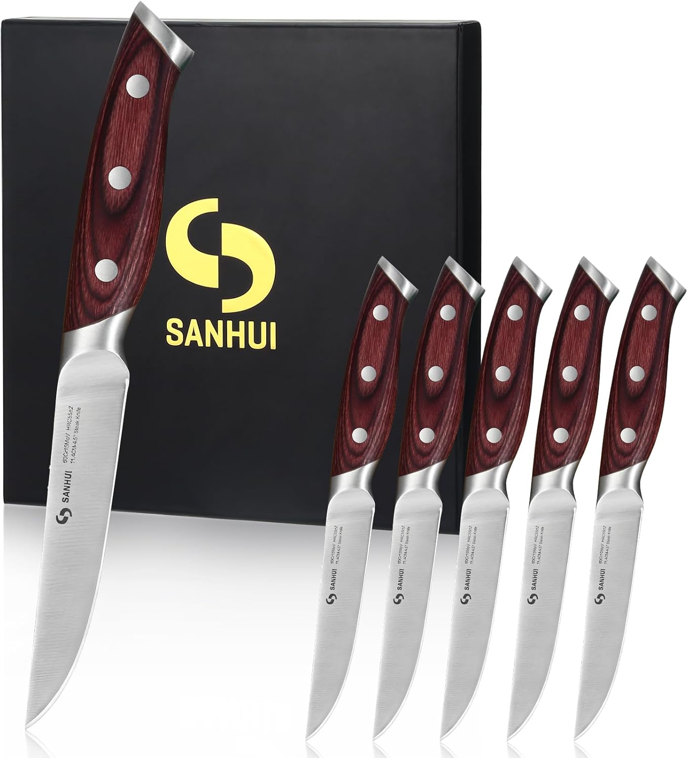 Steak Knives Set of 6, Ultra Sharp 4.5 Inch Steak Knife Set, High Carbon Steel Kitchen Steak Knives with Ergonomic Pakka Wood Forged Handle