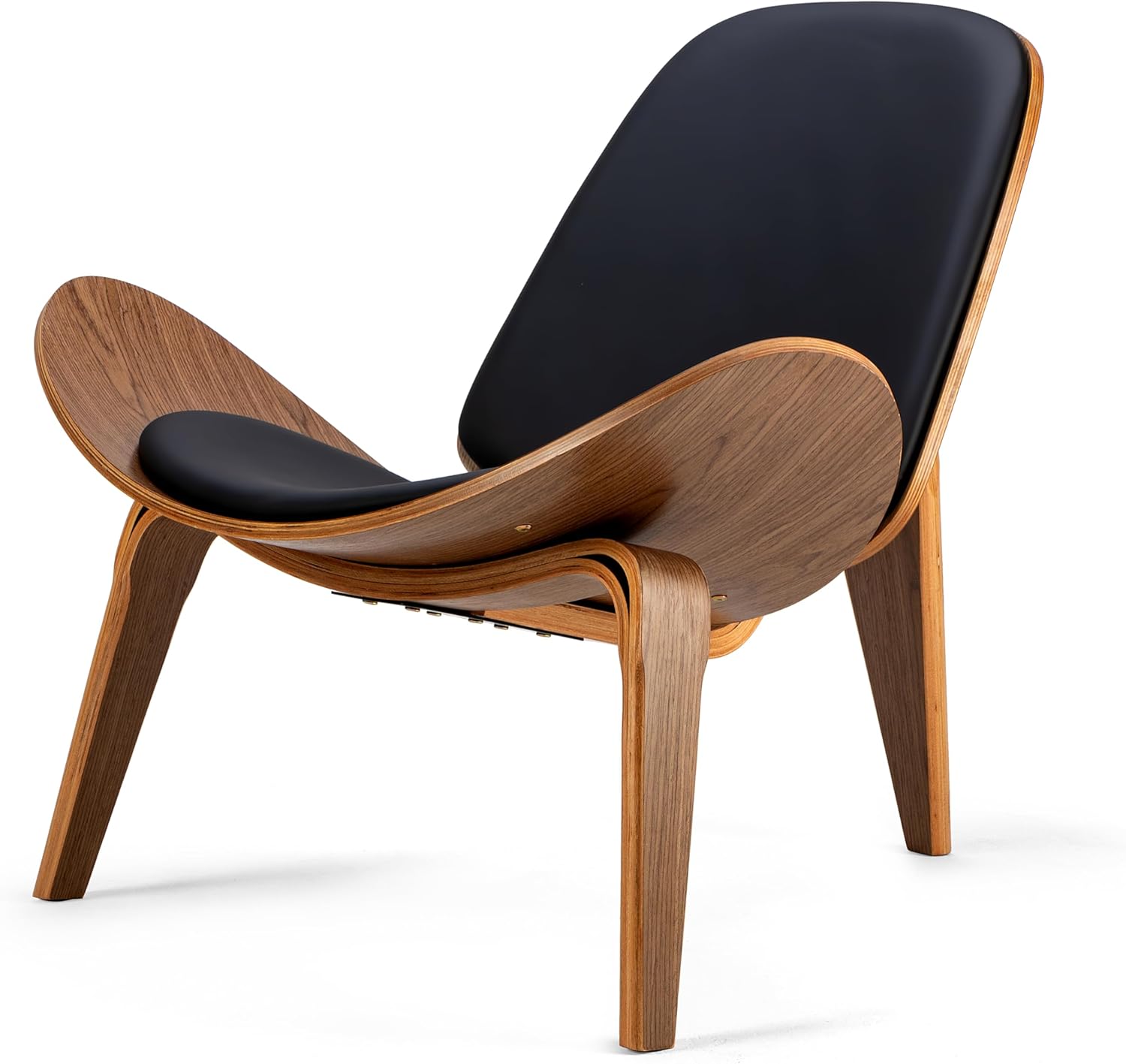Hans Wegner Style Three-Legged Shell Chair Ash Plywood Accent Chair with Black Faux Leather Upholstery Living Room Furniture Mid-Century Modern Shell Chair - Walnut Wood - Black