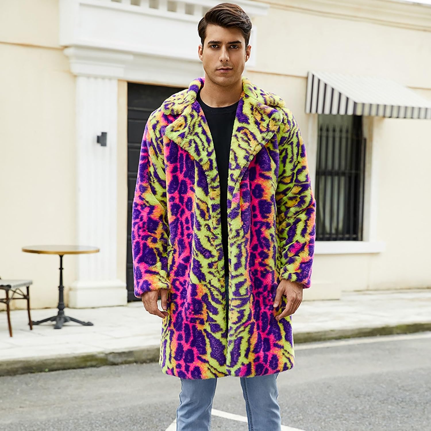 Faux Fur Coat Mens Overcoat Long,Winter Fluffy Jacket Warm Furry Parka For Cosplay Cold Weather