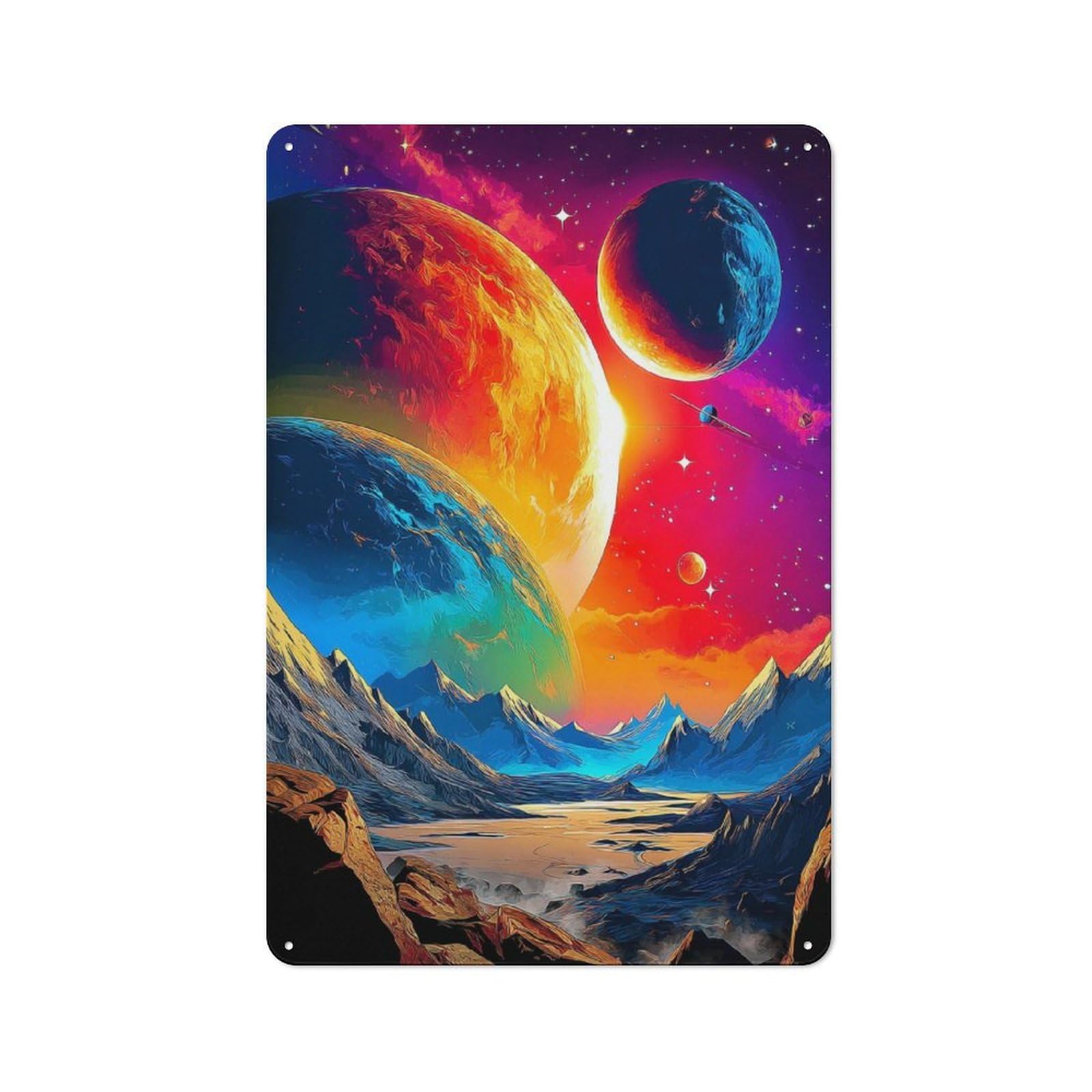 Colorful Cosmic Landscape with Planets Classic Metal Wall Decor 30x20cm, Decorative Tin Plaque for Cafe, Pub, Workshop Or Home Bar