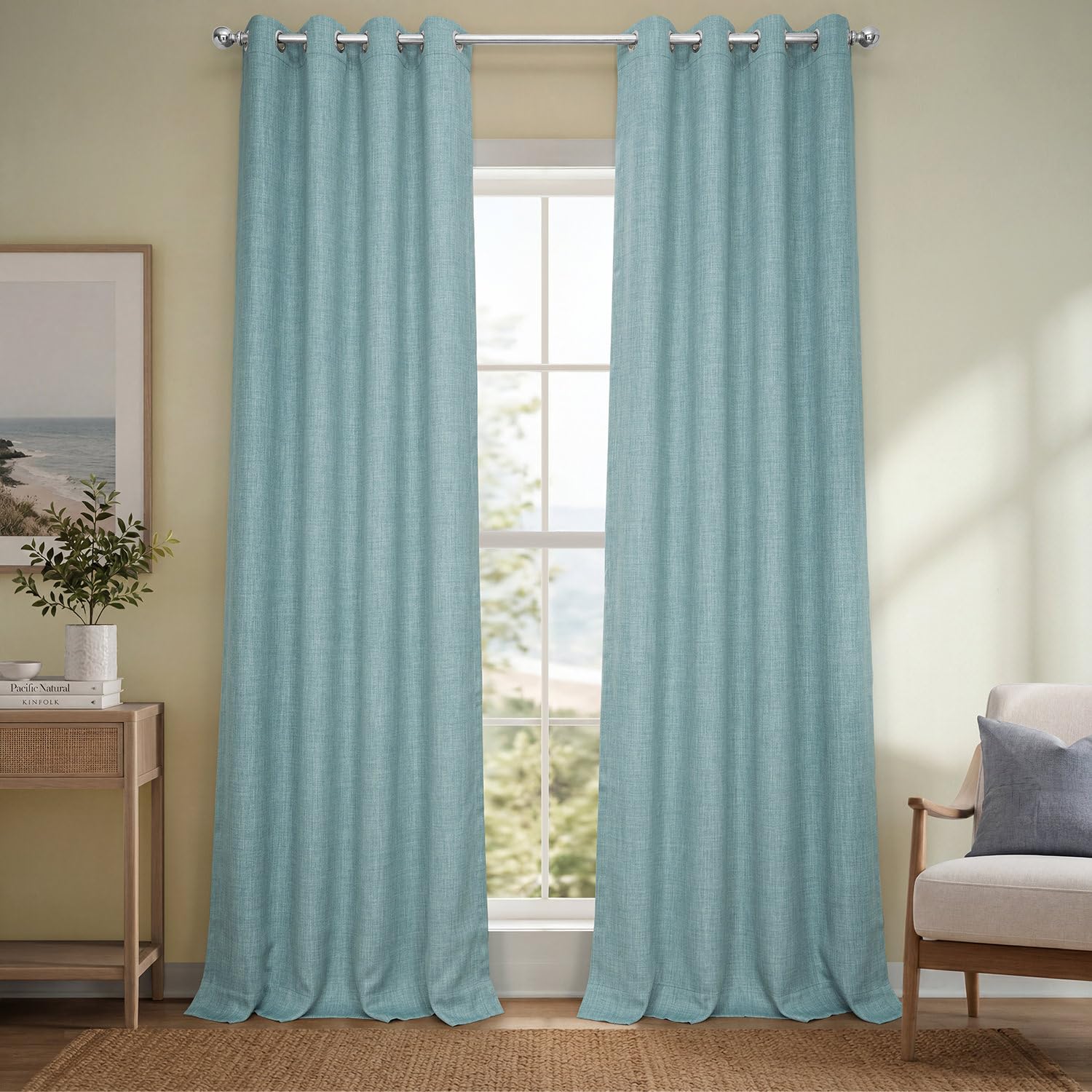 Grommet Faux Linen Curtains for Living Room (1Panel) 50W X 96L, Sea Thistle