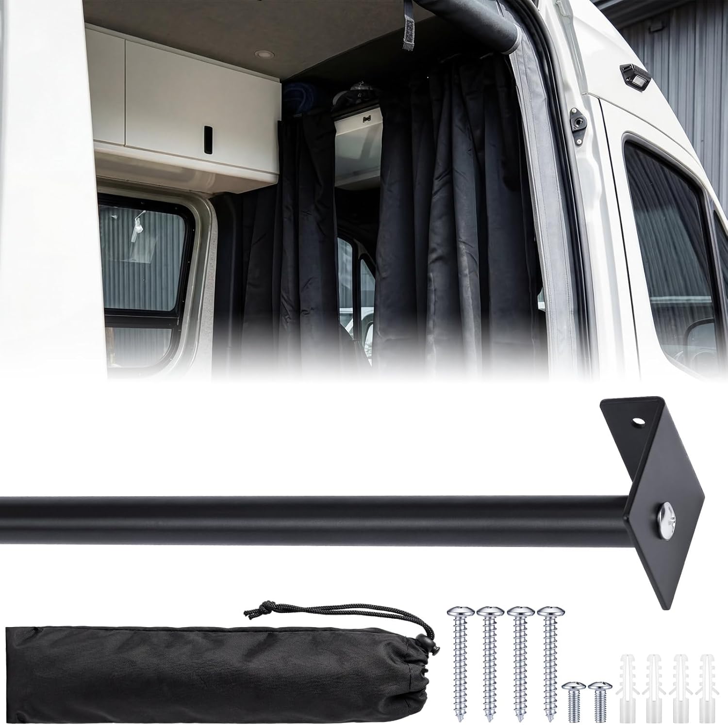 Briwooody Van Curtain Rod Aluminum for Van Headliner Shelf, 4.27 ft Privacy Divider Support Pole, 3-Section Screw Assembly, Cab Curtain Rod Kit with Mounting Screws Storage Bag