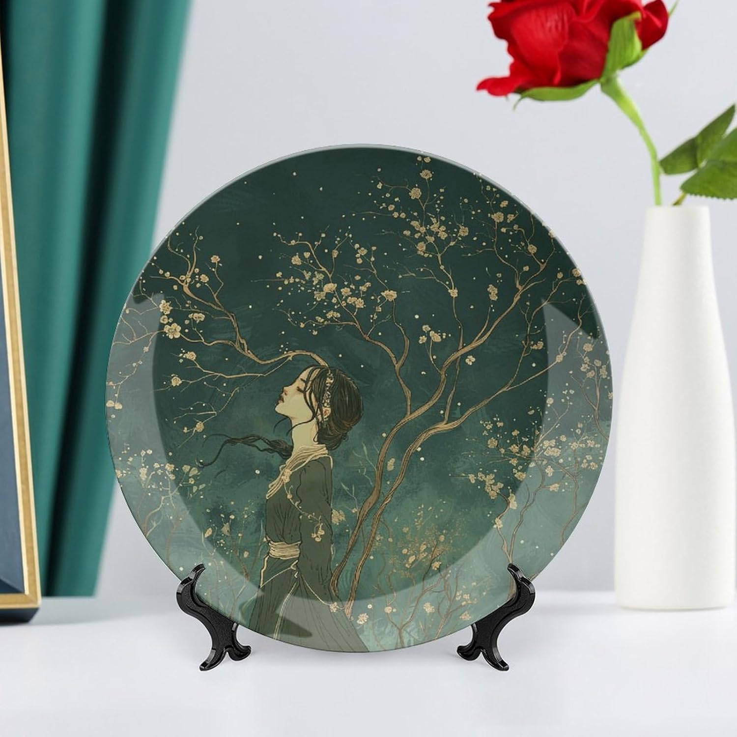 Bone China Decorative Plates Wearing A Green Dress Ceramic Decorative Plate Wall Decor with Display Stand Ceramic Ornaments for Wall Hanging Decoration