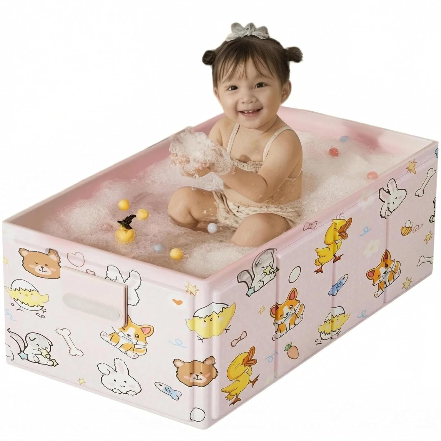 Foldable Baby Bathtub with Cute Animal Print, Portable Infant Bath Tub ，31.5x17.7x9.8 Inch Expanded (Pink)