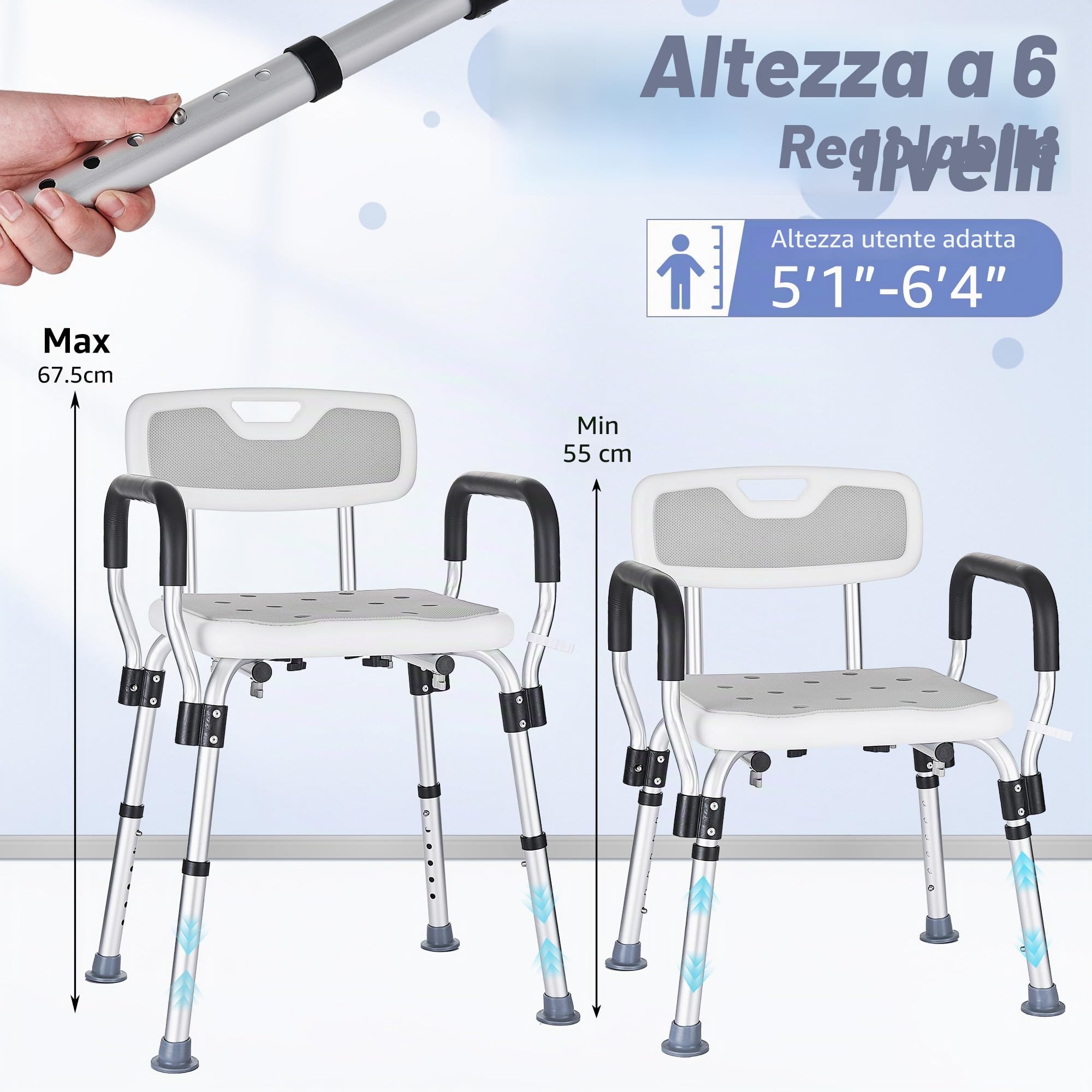 Sedia per Doccia per Anziani e Disabili, Sgabello Doccia con Braccioli e Schienale Rimovibile, Sedile per Vasca da Bagno Antiscivolo Regolabile in Altezza, portata fino a 150 Kg