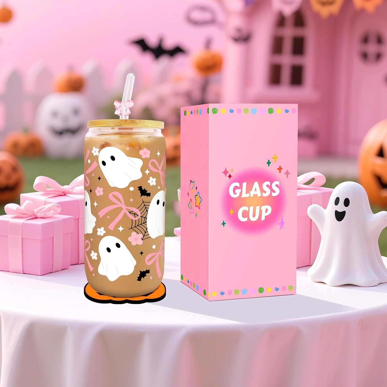 Halloween Glass Cups with Lids and Straws, Cute Halloween Gifts Basket for Women Girls Teens, 16oz Coquette Bow Iced Coffee Glass Cups Tumbler Mug Decorations Accessories Stuff