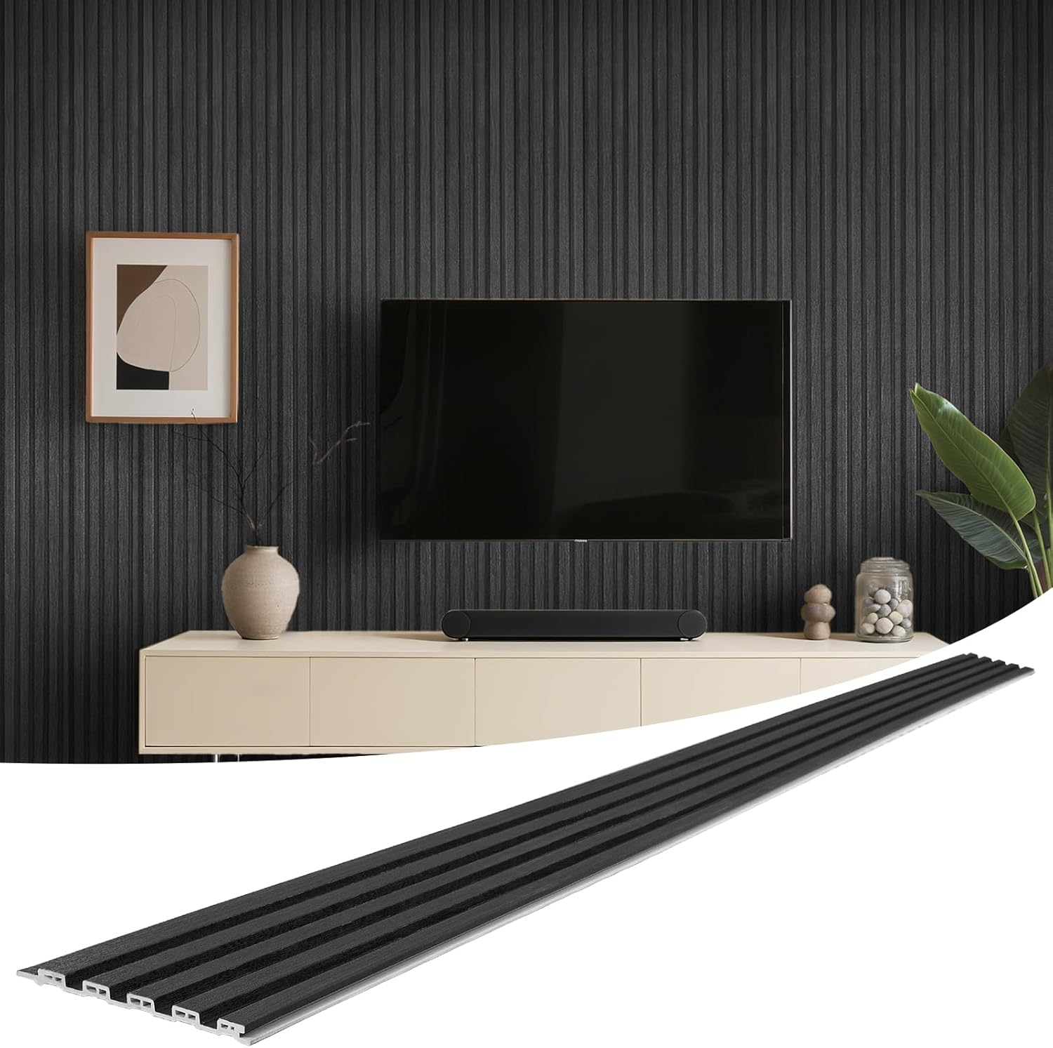 LARWORKS WPC Slat Wall Panels 8-Pack 96x6in Waterproof 3D Fluted Black - Covers 32sqft for Modern Bedroom Bathroom Office Decor