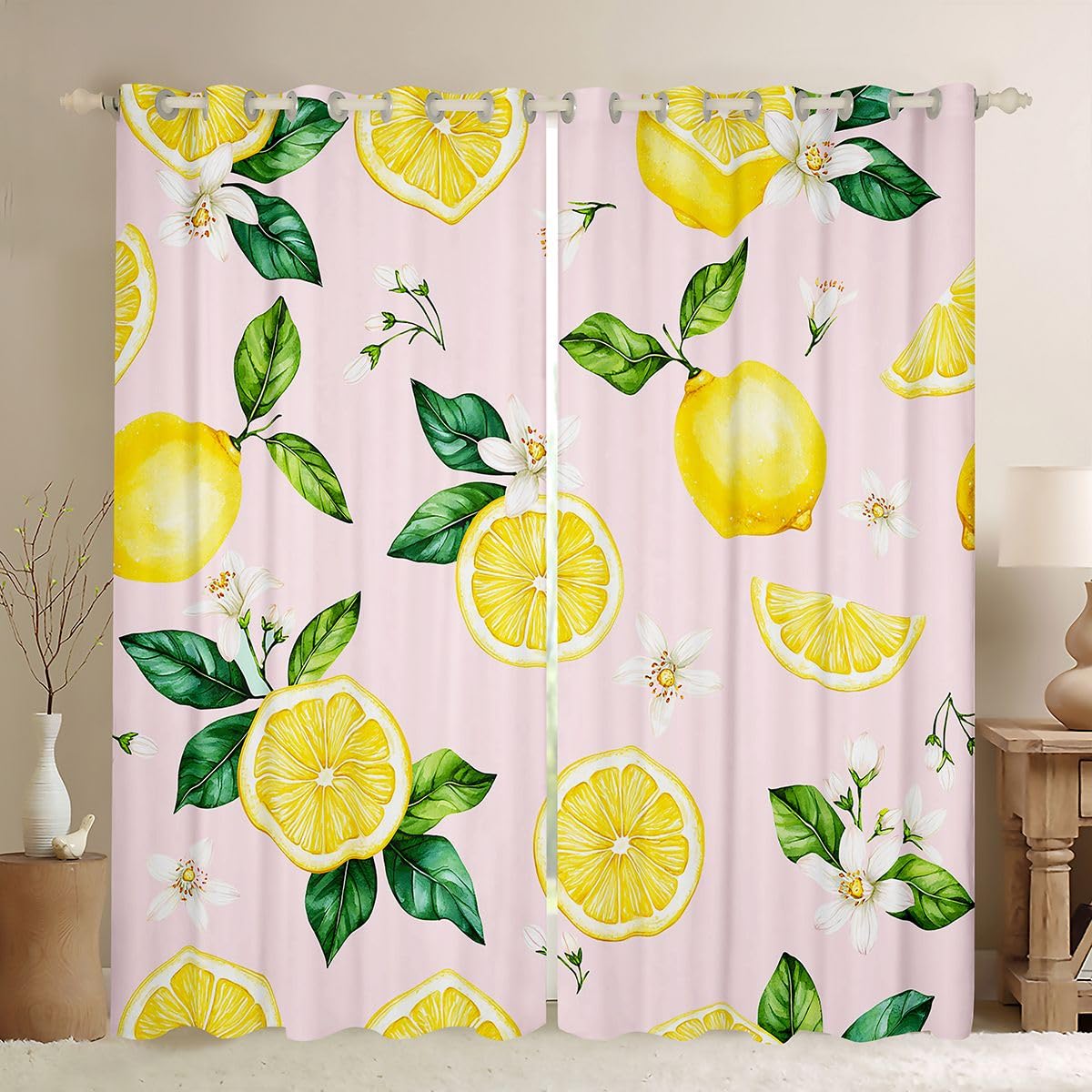 Zasłony okienne w kolorze cytrynowym, rozmiar XXL, 260 x 140 cm, letnie owoce, kwiaty, dobre zasłony zaciemniające, różowe, żółte, białe, zestaw 2 sztuk dla dorosłych i dzieci