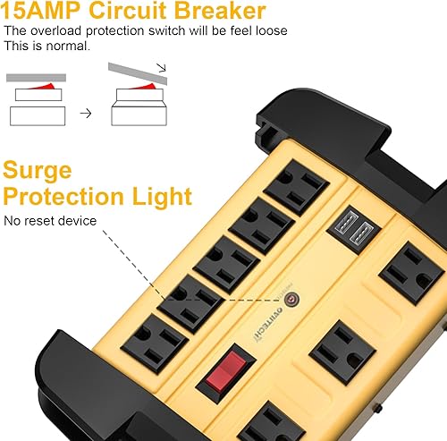 Miniatura 3 de Regleta de protección contra sobretensiones resistente de 8 salidas con 2 puertos USB, cable de alimentación de 1800 julios de 9 pies y amplio