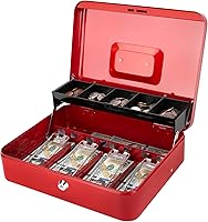 Vista 1 de Jssmst Caja de Efectivo con Bandeja de Dinero y Cerradura - Caja de Efectivo Roja con Cerradura de Llave, Caja de Dinero Segura Grande, Cajón