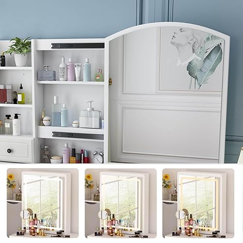 Miniatura 3 de RIDFY Juego de tocador de maquillaje con espejo y luces, escritorio de maquillaje con 6 cajones y taburete tapizado, mesa de tocador con brillo de