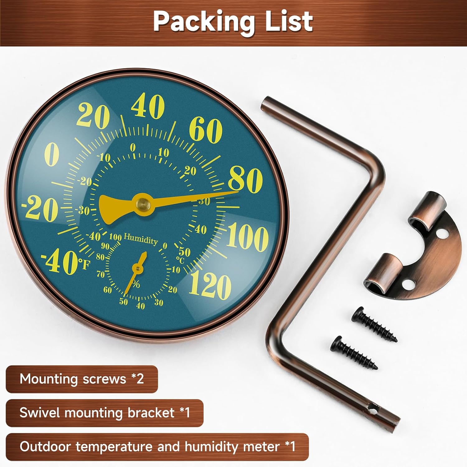 4 Inch Outdoor Thermometer and Humidity Gauge, Brass Retro Wall Mount Analog, Waterproof Temperature Hygrometer with Large Easy-Read Dial for Patio, Garden, Garage, Greenhouse