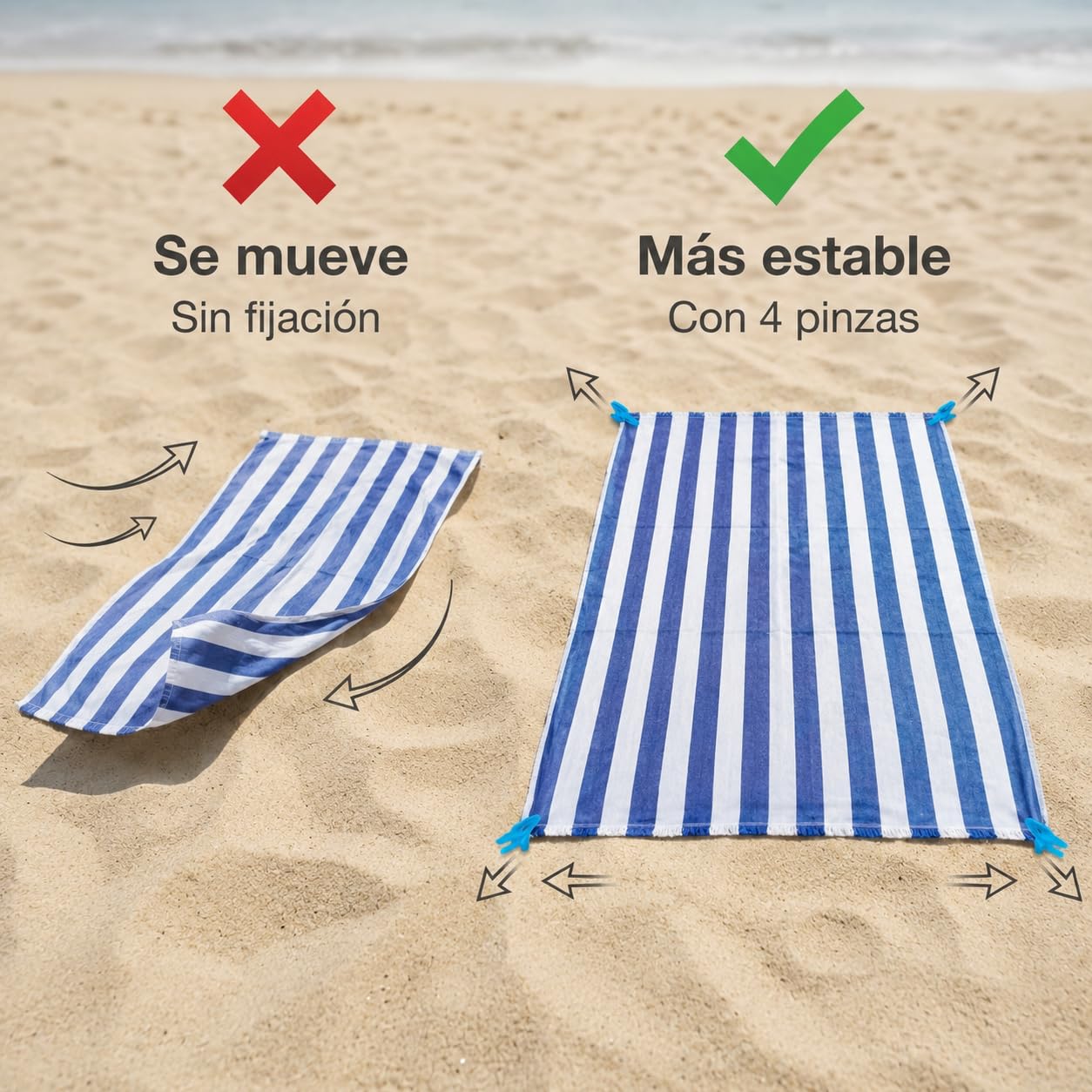 Pincho Toalla Playa Pack 2 Toalla Playa Grande, Beach Towel, Pinzas para Arena con 4 Piezas, Antiarena y Secado Rápido - XL 185 x 210 cm, Rayas Multicolor para Piscina y Camping, con Flecos