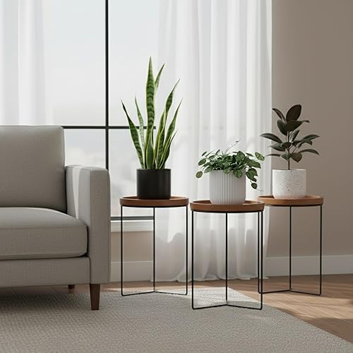 Miniatura 4 de Soportes Metálicos para Plantas de Interior con Superficies de Madera, Sostiene Macetas de hasta 12" de Diámetro, Capacidad de 120 lb Cada Uno -