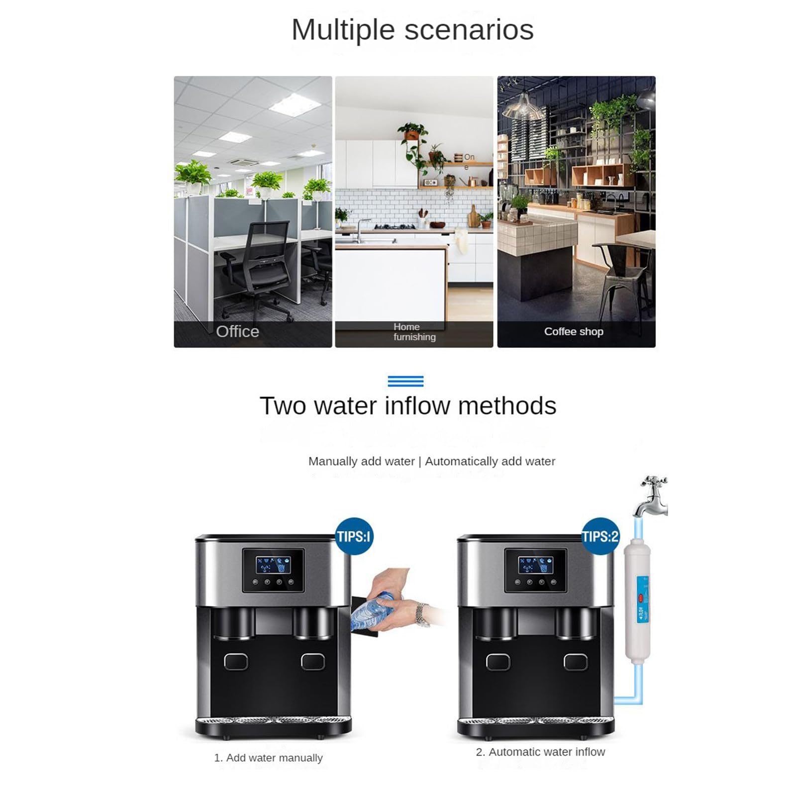 Fabbricatore di Ghiaccio Tutto in Uno, Macchina per Ghiaccio tritato e Acqua Fredda, Scatola Nera in ABS+Acciaio Inossidabile, 2 metodi di Ingresso dell'Acqua, Display LCD