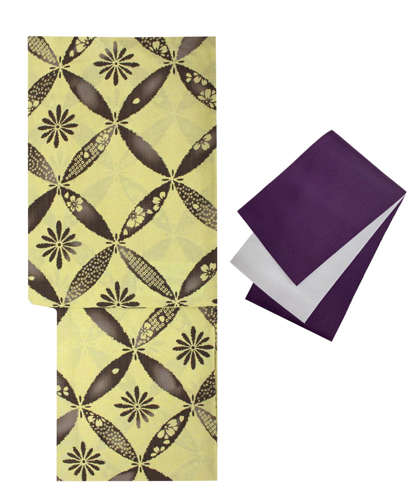 Japanese Yukata Set Women Purple Floral Polyester Obi Belt Festival