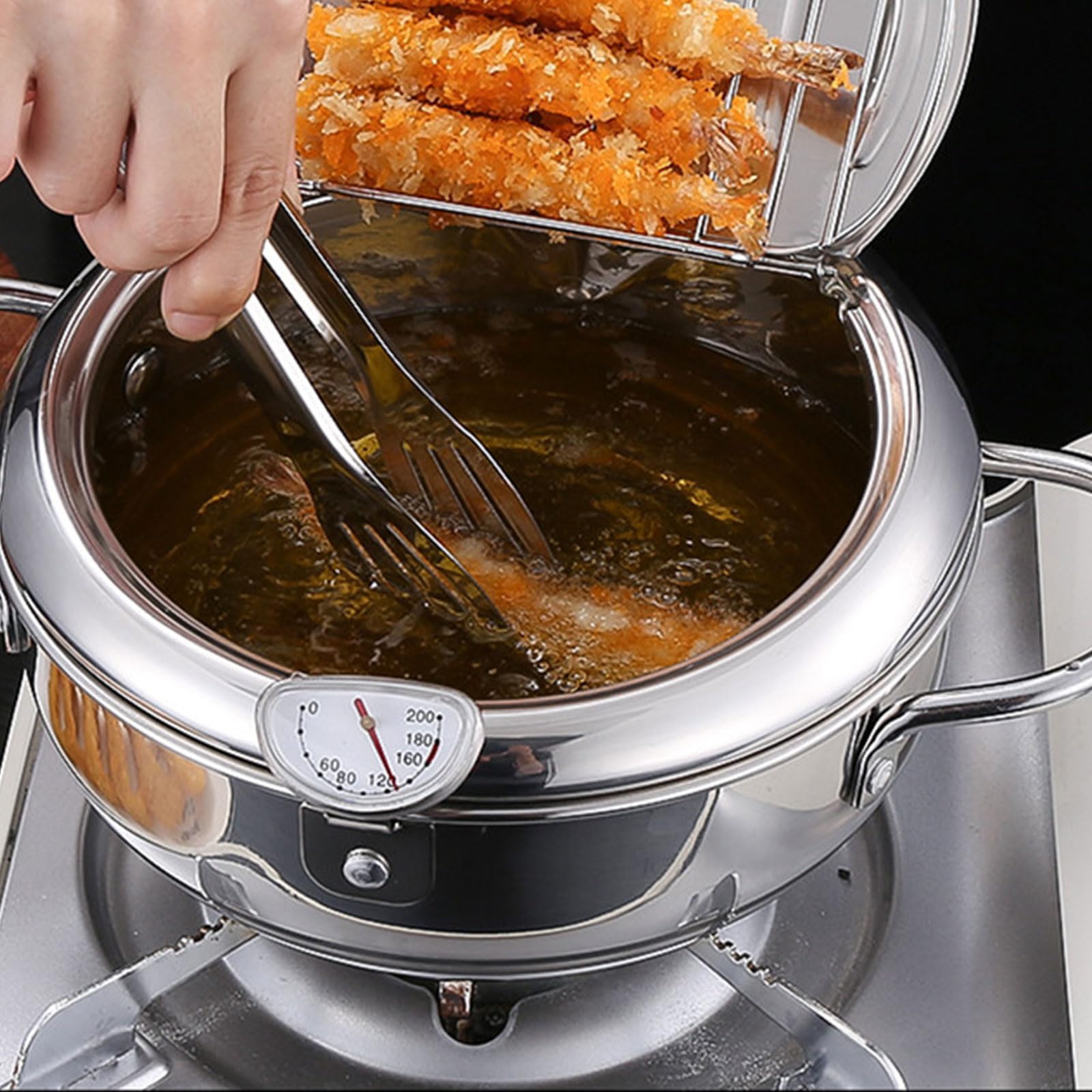 Pentola per friggitrice, con termometro, piccola pentola in acciaio inox, coperchio e scolapiatti per patatine fritte, gamberetti, pesce (20 cm)