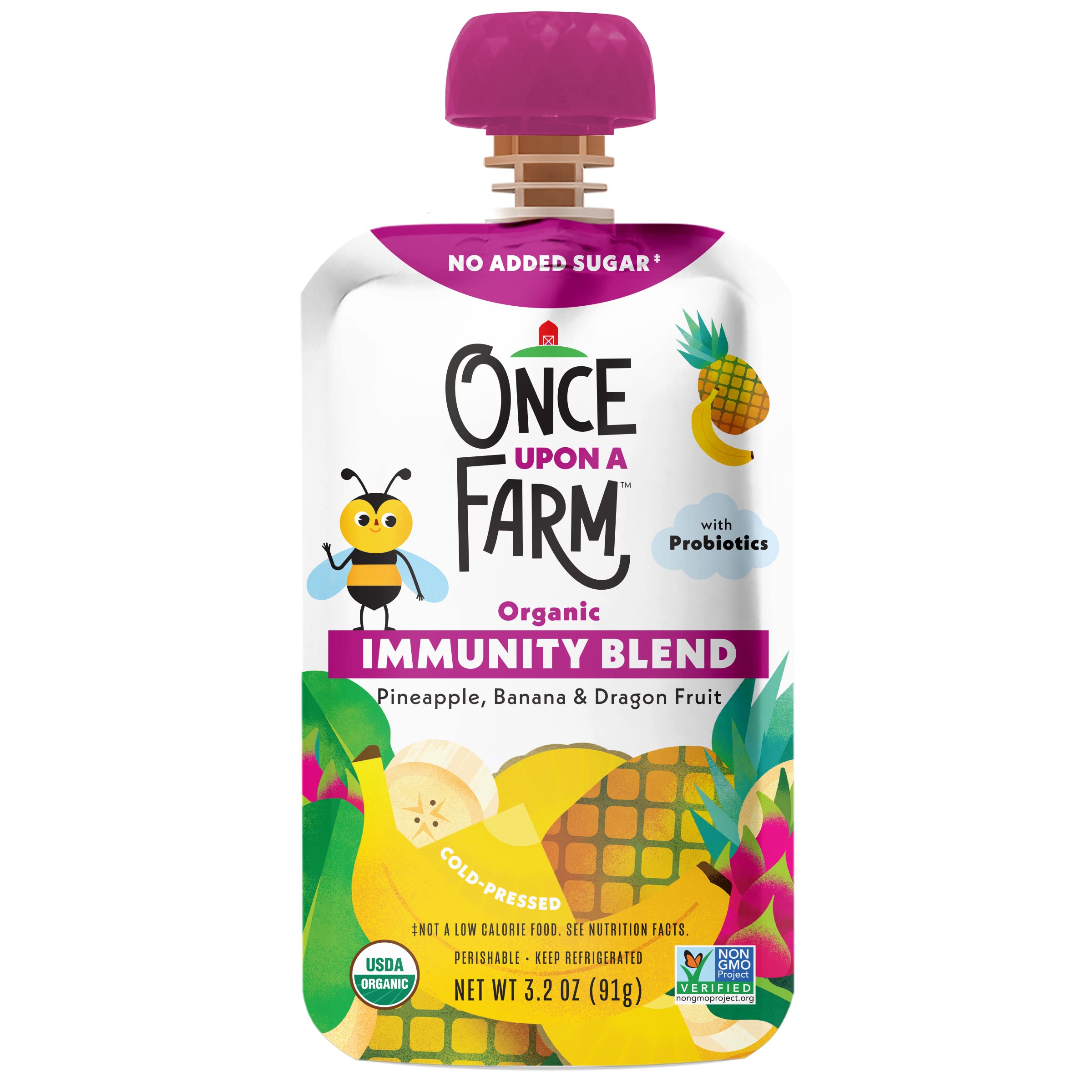 Once Upon a FarmOrganic Pineapple Banana Dragon Fruit Immunity Blend Kids Snack, 3.2oz Pouch