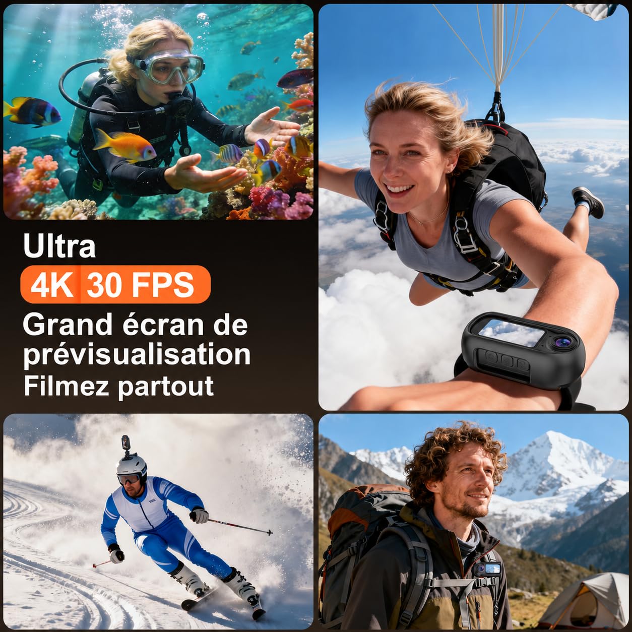 Mini Caméra Sport 4K 30FPS, Photos 64 MP, WiFi, Bluetooth, EIS 6 axes | Écran HD 1,5", Carte U3 32 Go, 35 g, Autonomie 130 min, Boîtier étanche 30 m et Kit Casque/Vélo.