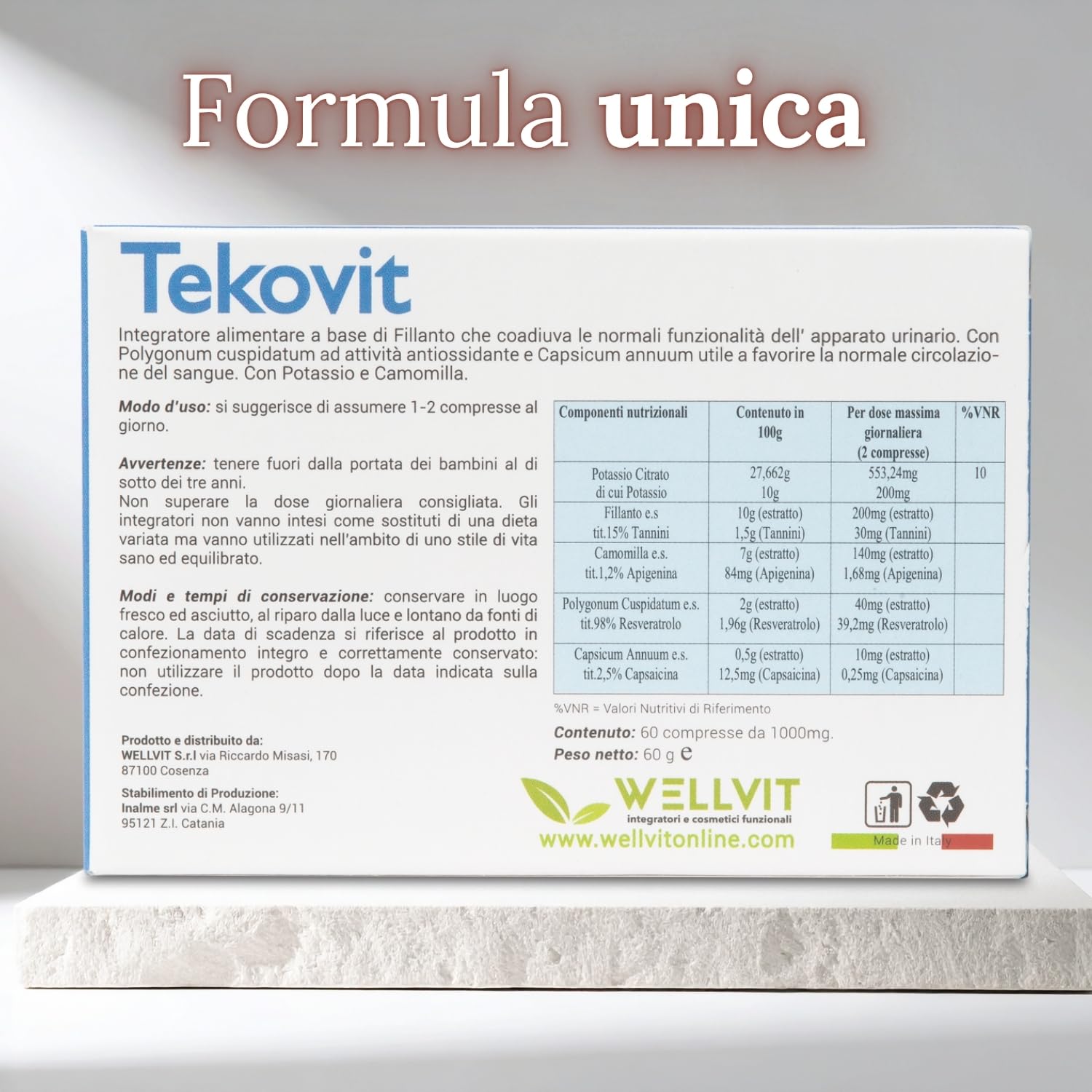 TEKOVIT Spaccapietra - Integratore Naturale con Fillanto Spaccapietra, Resveratrolo, Potassio e Camomilla, Benessere Renale e Vie Urinarie, Formula Completa - Made in Italy (60 Cps) – Wellvit