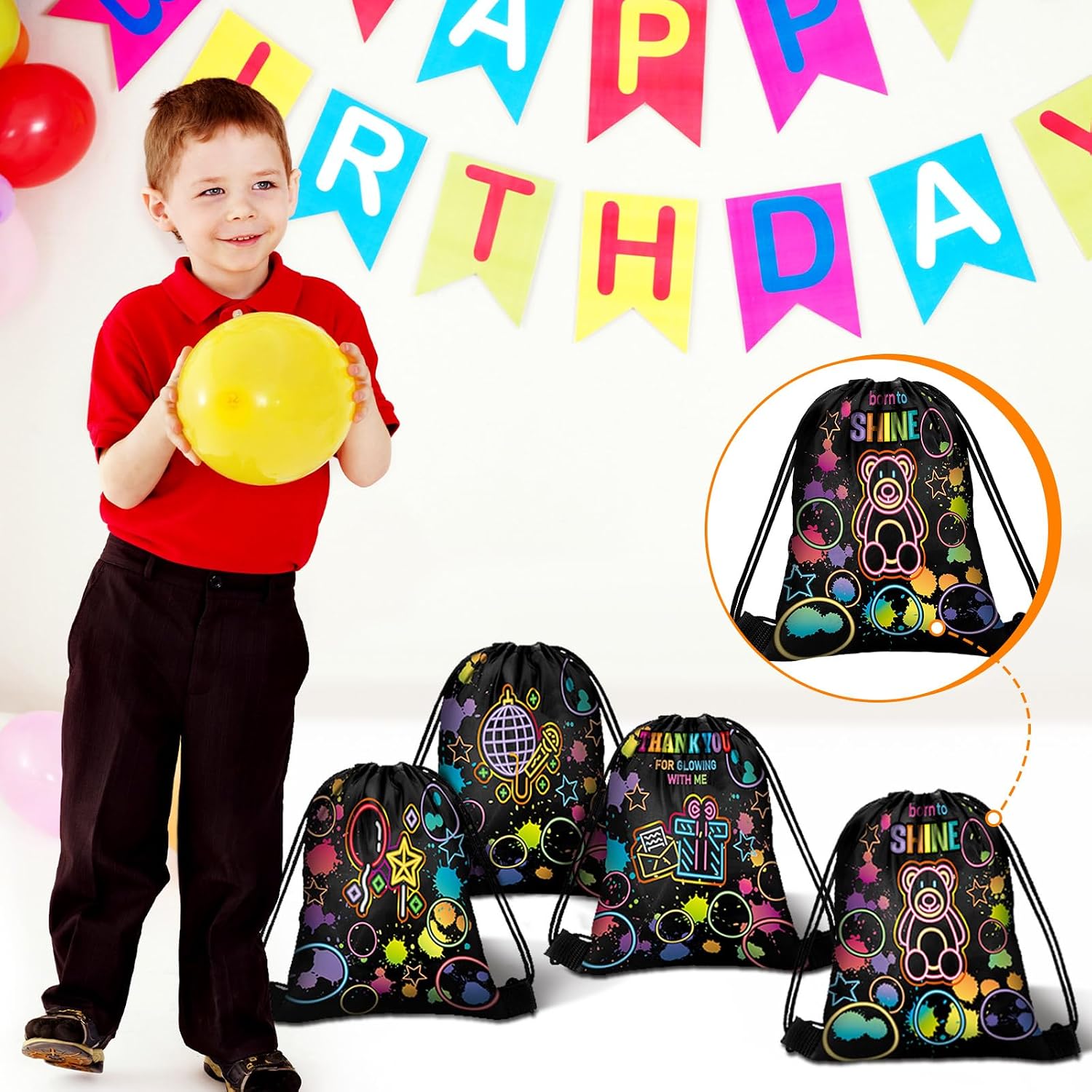 Talltalk 32 Pack Neon Party Favor Bags Drawstring Candy Backpack Glow Supplies Favor Drawstring Gift Bags Neon Theme Birthday Party Decoration Supplies