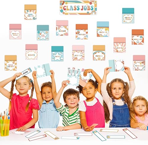 Miniatura 5 de ZOiiWA Juego de 81 tablones de anuncios Groovy Class Jobs con temática hippie para trabajos en el aula, juego de gráficos de bolsillo para ayudante