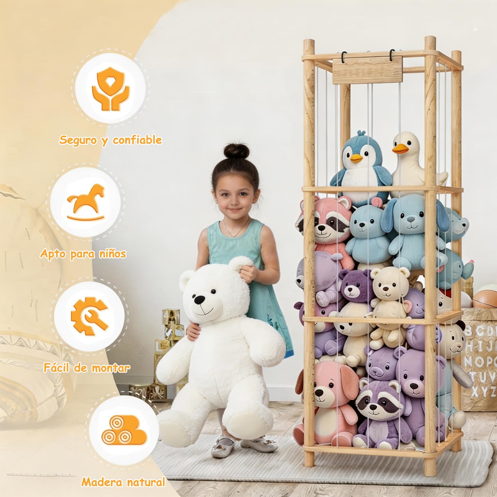Organizador de Madera para Juguetes y Peluches, 3 Niveles, Gran Capacidad, Ahorra Espacio, Adecuado para Habitación Infantil, Sala de Juegos y Dormitorio