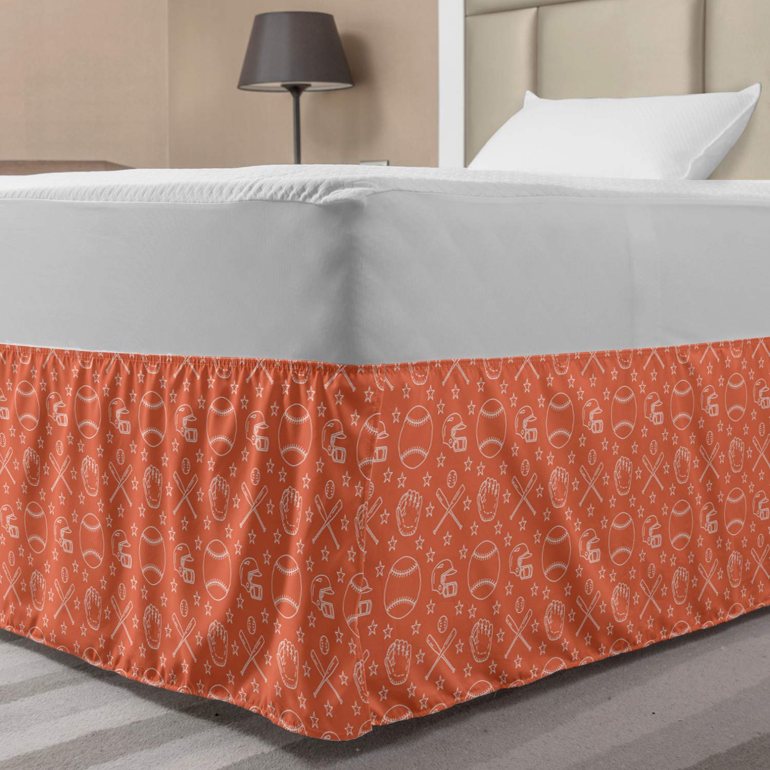 Lunarable Baseball Elastic Bed Skirt Hand Drawn Style Pattern of Softball Player Equipment Athlete Teamwork Sports Wrap Around