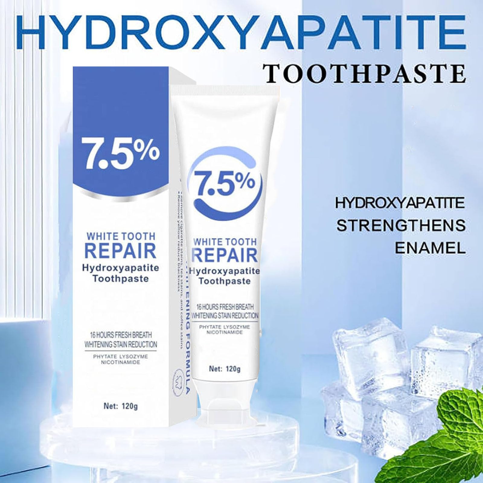 7.5% Hydroxyapatite Toothpaste, Fluoride-Free Hydroxyapatite Toothpaste Whitening 7.5, 7.5% Nano Hydroxyapatite ToothpasteWhite Tooth Repair, Tooth Strengthening, Gentle Mint, Fresh Breath (2pcs)