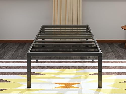Marco de cama individual de metal, plataforma de metal de 18 pulgadas de alto, tamaño individual con espacio de almacenamiento y listones de