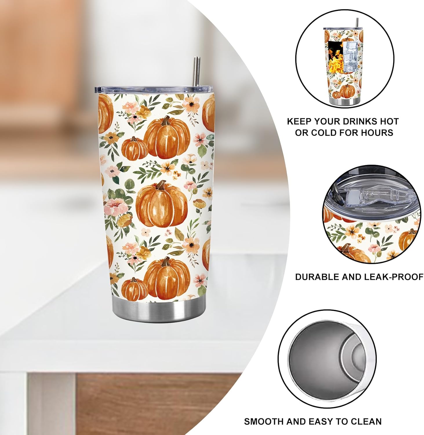 JarThenaAMCS 1Pc Fall Floral Pumpkin Tumbler with Lid Straw 20 Oz Flower Pumpkin Travel Coffee Tumbler Cup Boxed for Autumn Birthday Travel Party Favor Supplies - Image 3