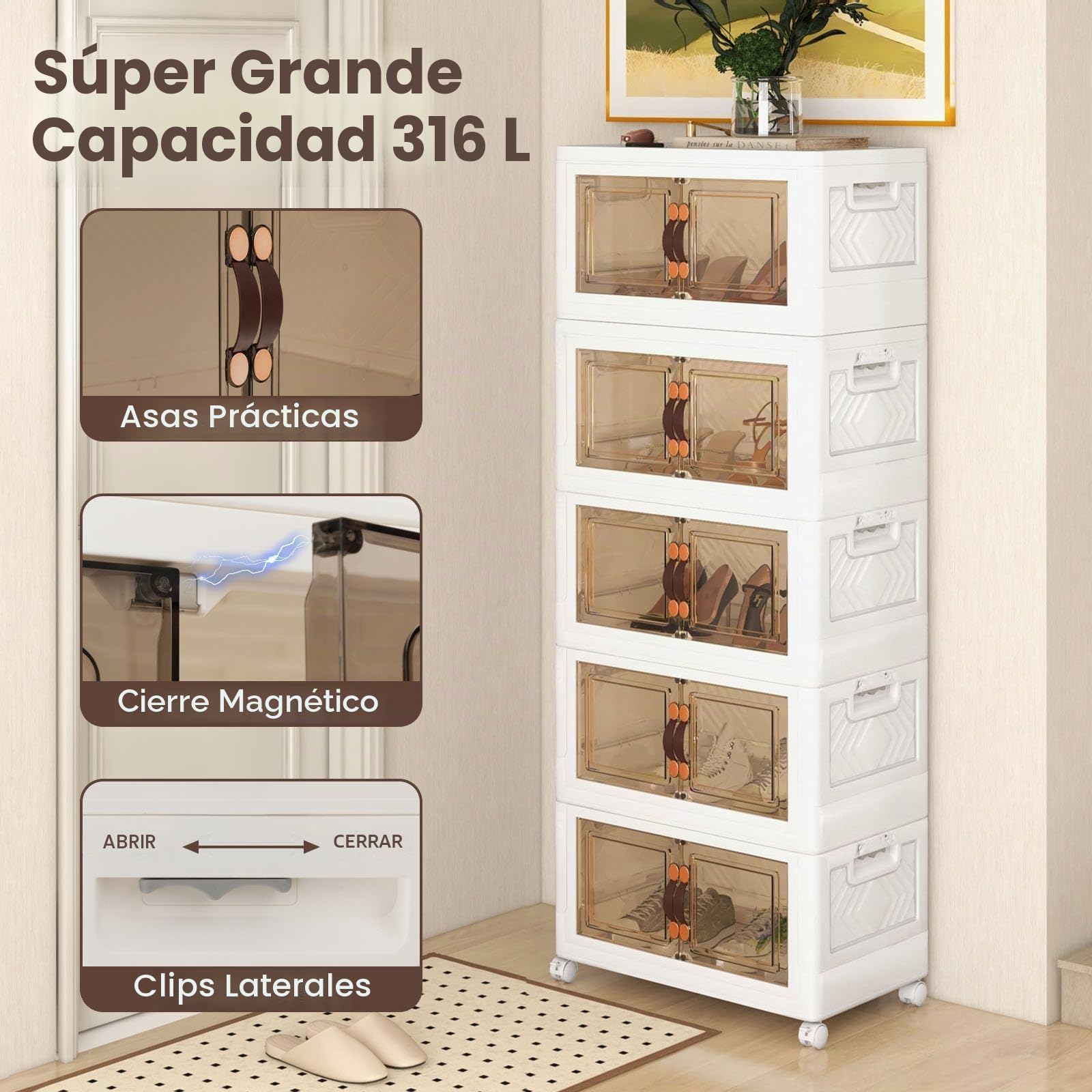 GOPLUS Cajonera de Almacenamiento Apilables Blanca con Cajones, Caja Organizador de PP con Ruedas, Asa, Tapa y Puertas para Sala de Estar, Dormitorio, Estilo Moderno (59,5 x 37,5 x 169 cm)