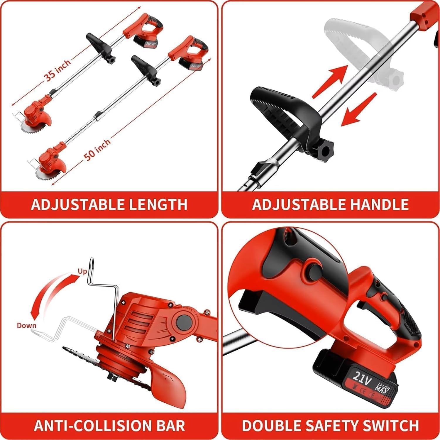 Desbrozadora con batería, batería eléctrica para baterías Makita 3 en 1, desbrozadora giratoria 90°, con batería y cargador, mango ajustable para podar césped y jardín (rojo)