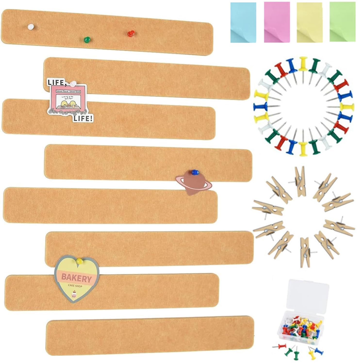 Vuzvuv 8 pcs Bulletin Board Bar Strips with 50 Pushpins & 10 Wooden Clip pins，Self Adhesive Cork Board for Wall，Felt Pin Board for School，Office Decor