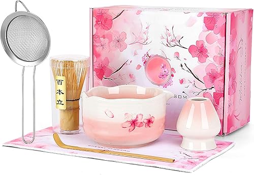 Juego de 7 batidores de matcha, Sakura Cherry Bloosm Matcha Kit de Navidad para mujeres, cumpleaños, mamá, niñas, niños y amantes del té Matcha, con