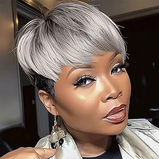 MOONSHOW Pixie Cut Wig Short Grey Wigs for Black Women Ombre Grey Short Wigs