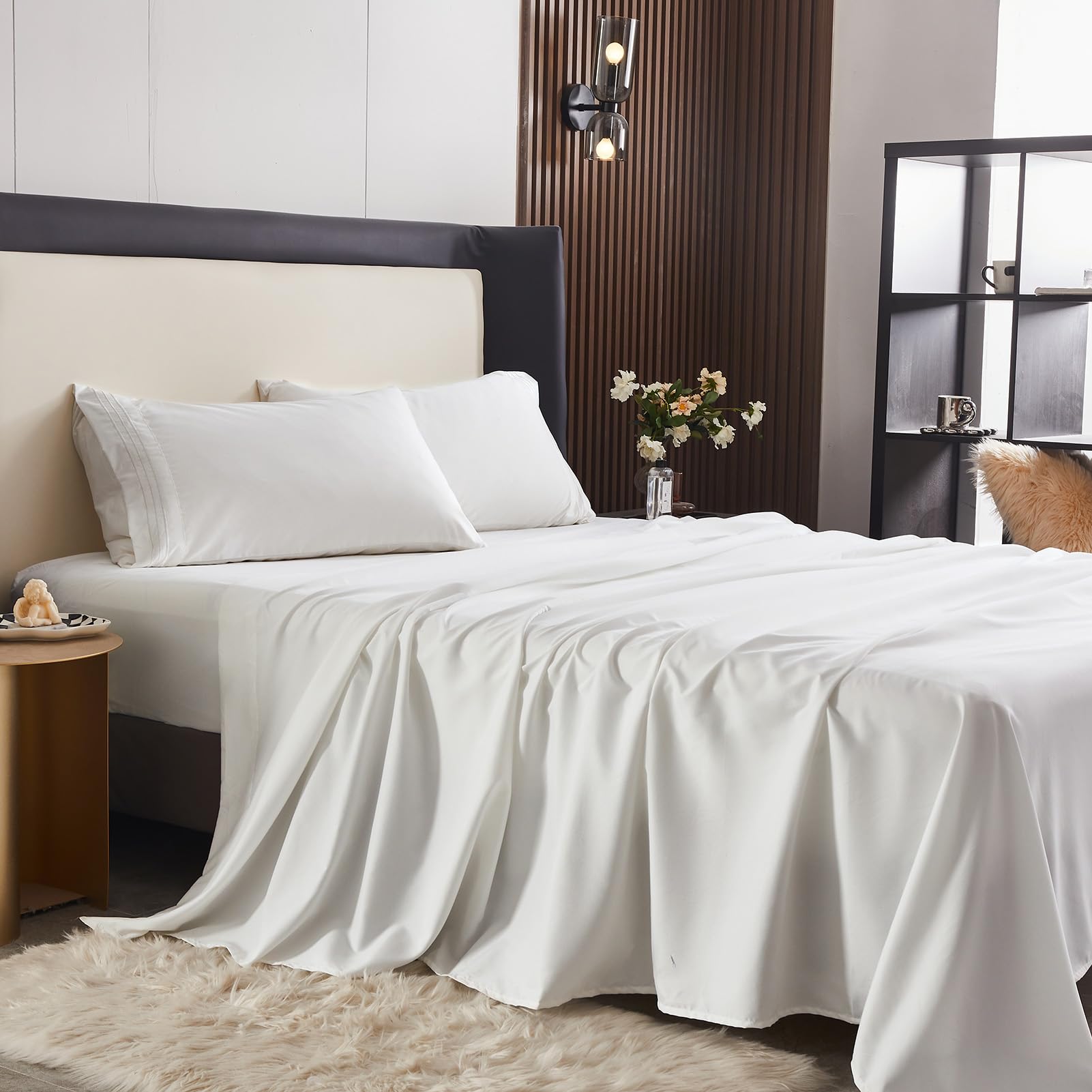 DERBELL Bed Sheet Set - Brushed Microfiber Bedding - Wrinkle, Fade, Stain Resistant - Deep Pockets - Easy Fit - Breathable & Cooling Sheets- 4 Piece Queen White Sheets