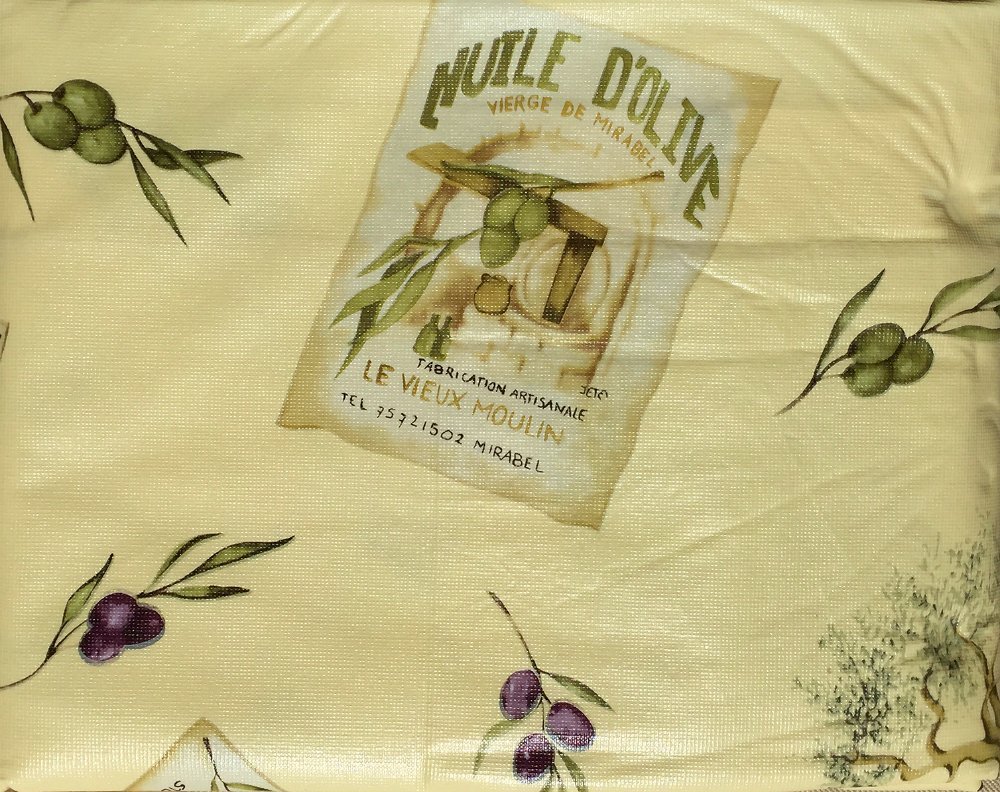 Vinyl Felt Backed Tablecloth, Thicker, Last Longer, Stain Resistant for Indoor and Outdoor - Olive Oil Theme On Vanilla Background (54 x 72)