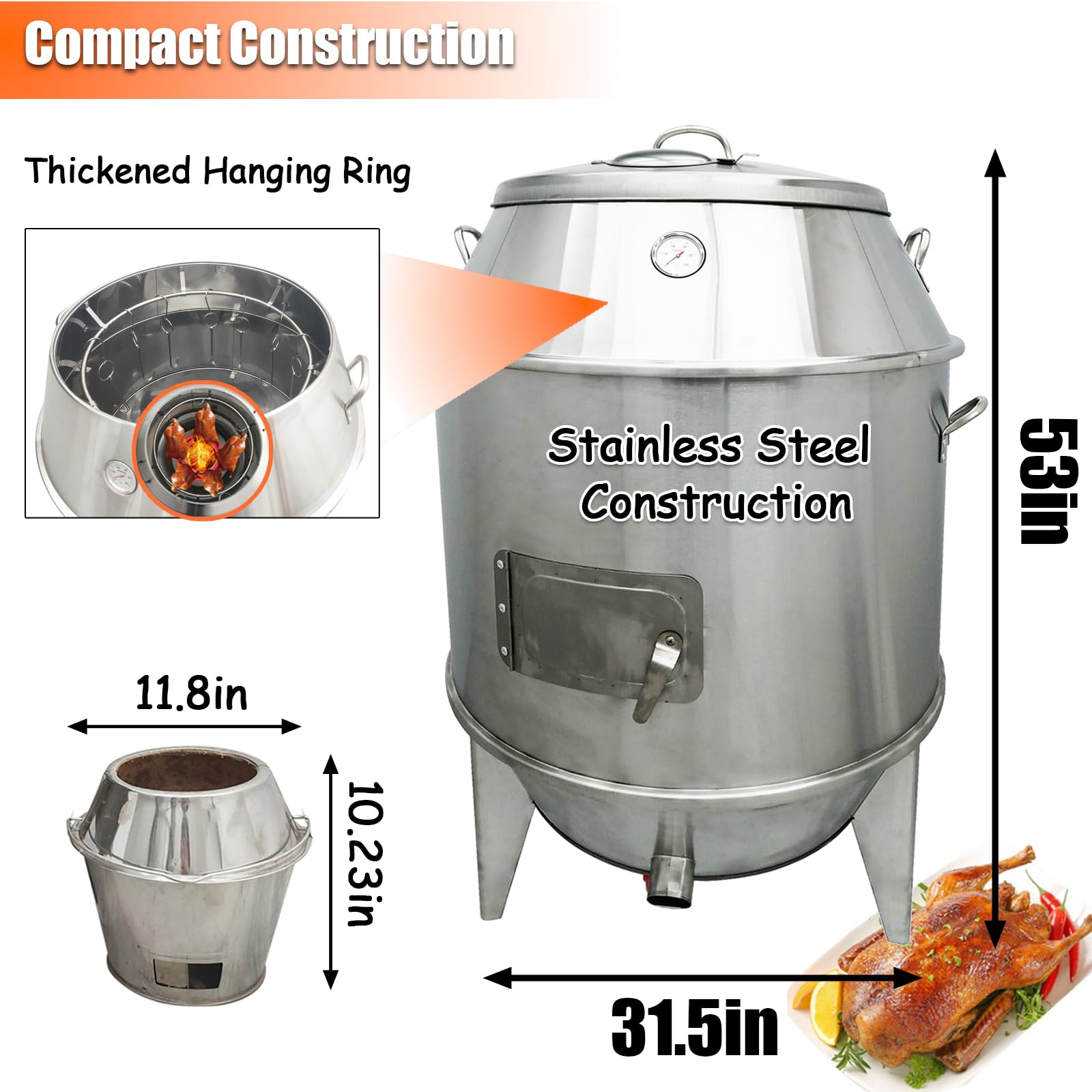 Commercial Duck Roaster Oven Stainless Steel Charcoal Roast Duck Grill for Peking Duck, Turkey, Chicken 1.5x31.5x53in with Temperature Display Professional BBQ Oven for Restaurants & Kitchens